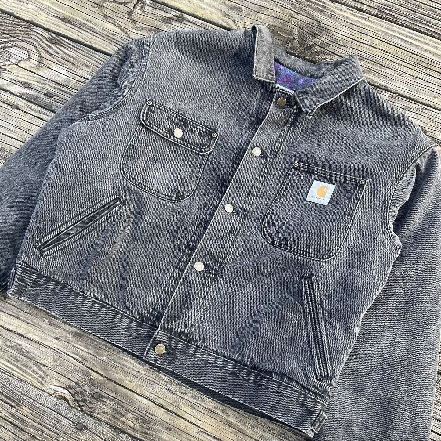 Vintage Carhartt JB1065 Aztec Denim Chore Jacket - Double Black (L)